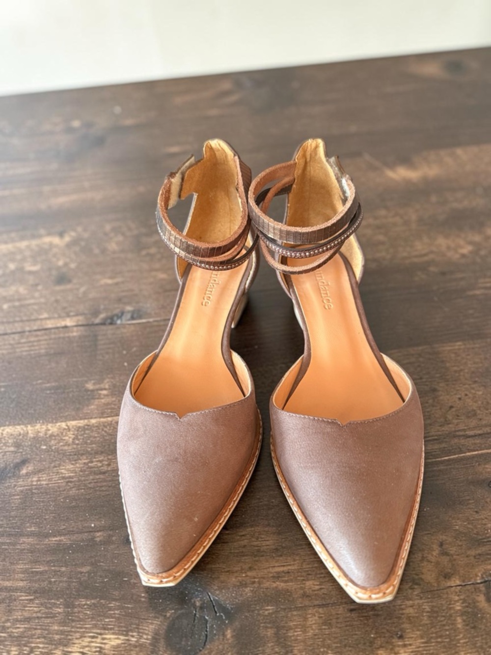 Sundance Mocha Pointed Toe Ankle Tie Heels